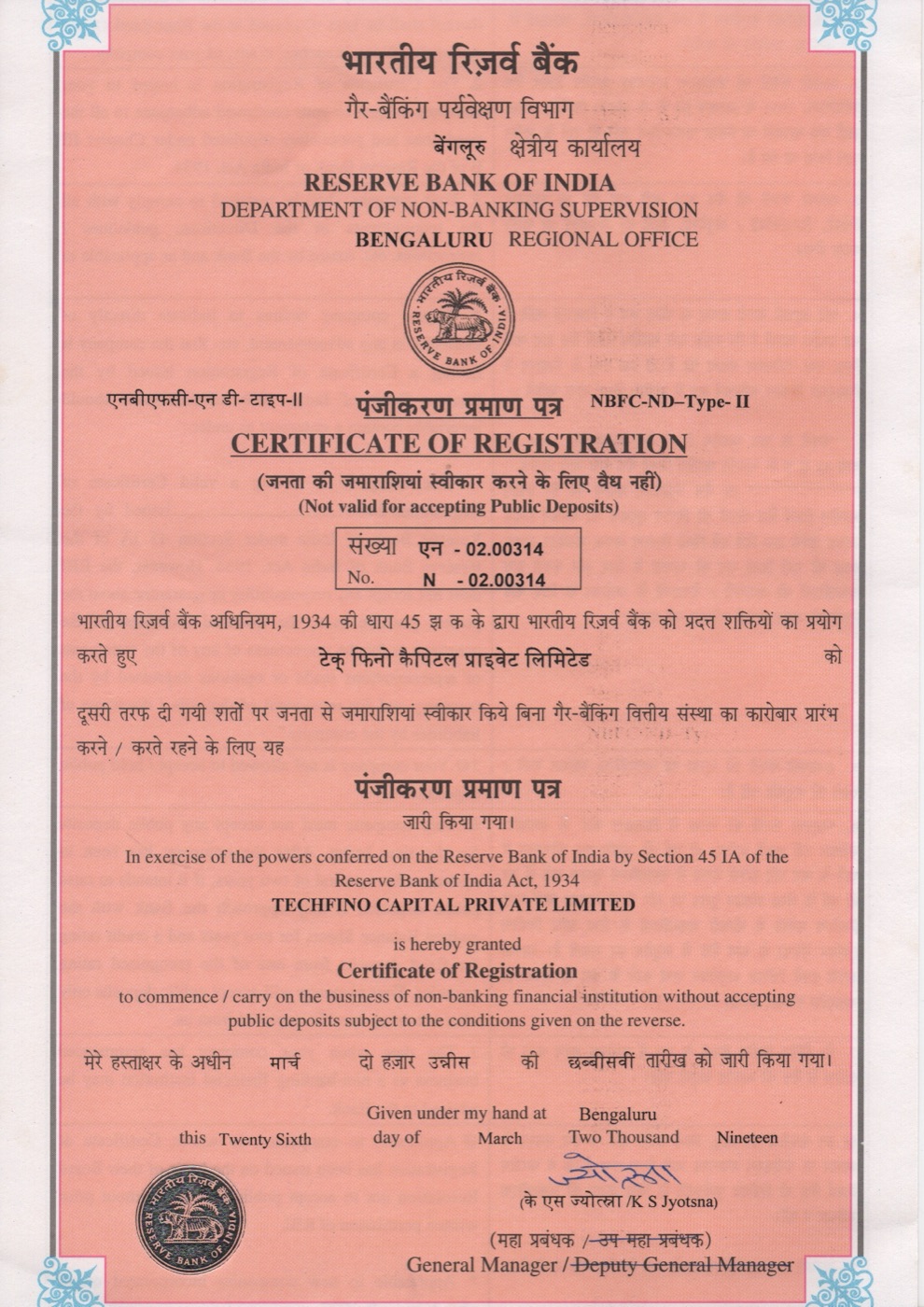 Reserve Bank of India Certificate of Registration No. N-02.00314 granted to Techfino Capital Private Limited on 26 March 2019